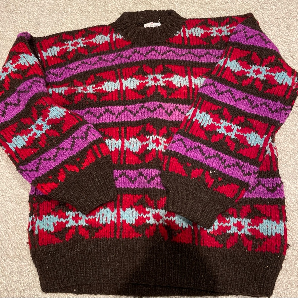 Vintage Rey Wear Wool Ski Sweater Red Blue Purple Brown Unisex One Size